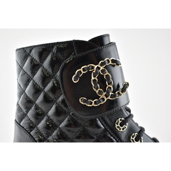 Chanel 21A Black Shiny Patent Quilted Gold CC Chain Combat Ankle Short Boot 37 - Picture 3 of 11